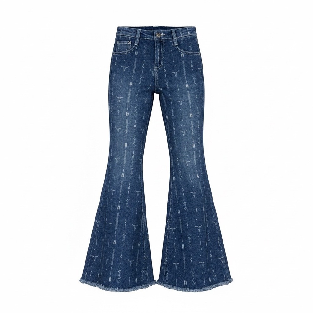Cowgirl Hardware Flare Jeans Kids Size 12 Blue Bull Skull Tribal Bell Bottoms